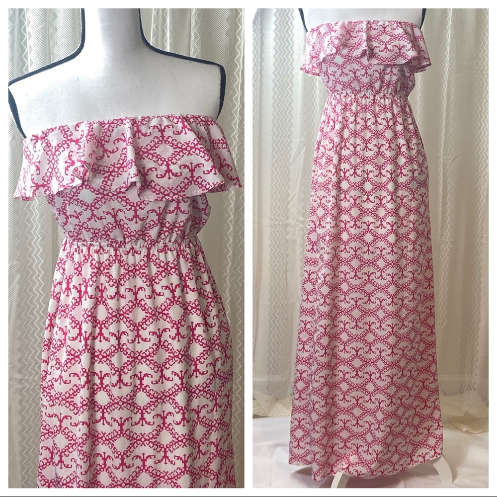 Peach Love Strapless Maxi Dress S Ruffle Pink